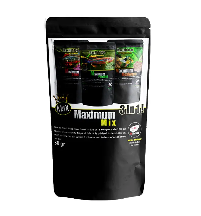 غذای ماهی پولکی مگزیمم میکس سه در یک ای شریمپ وزن 30 گرم